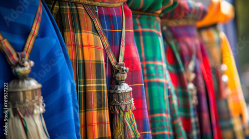 Sunlit tartan fabrics with bright tassels exhibiting the vibrant diversity of Scottish clan patterns photo