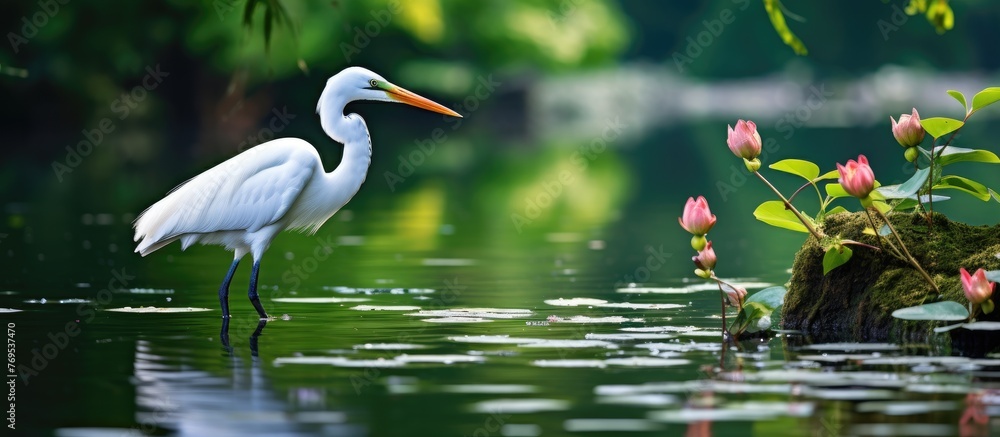Obraz premium A seabird with white feathers and wings is peacefully standing in the center of a calm lake, surrounded by the natural landscape of water