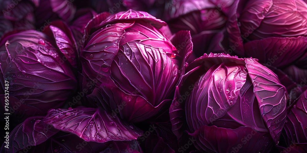 Close-up of purple cabbage,Raw red cabbage leaves purple texture of vegetables purple leaves and background
 - obrazy, fototapety, plakaty 