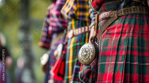 Scottish kilts with sporrans placed in green outdoor setting, showcasing traditional Celtic attire