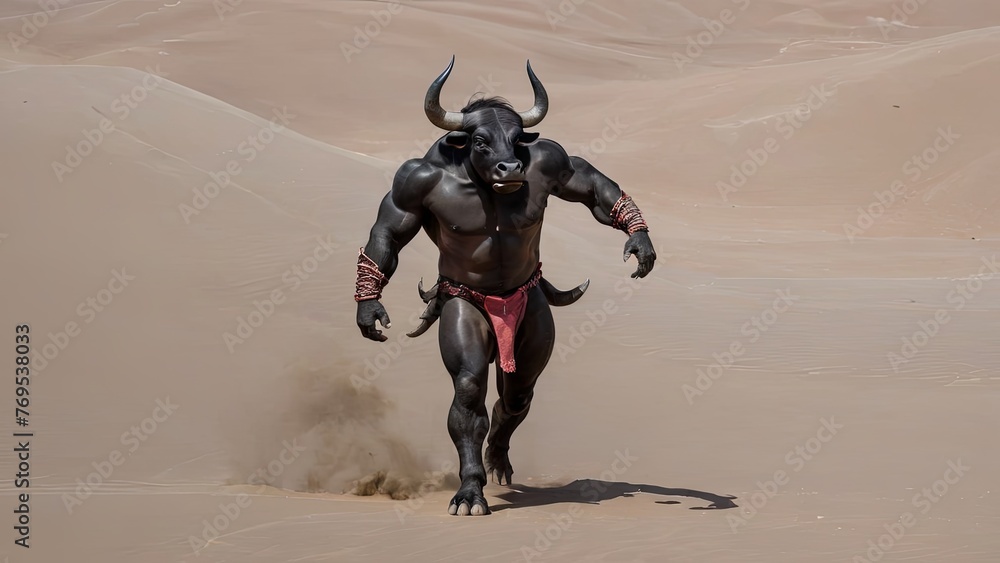 Naklejka premium Mythical Minotaur Charging Through the Desert Sands