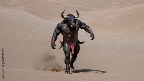 Mythical Minotaur Charging Through the Desert Sands