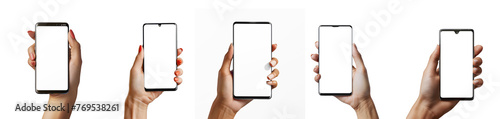 woman's hand holding a white screen smart phone on transparency background PNG 