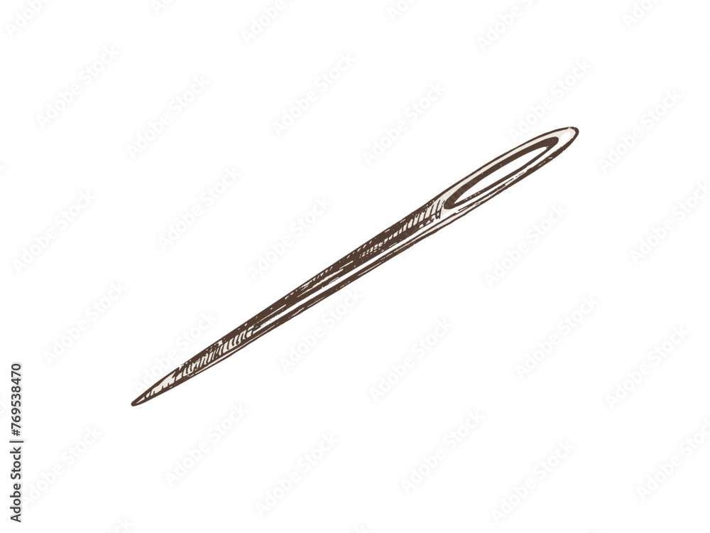 Hand-drawn colored sketch of sewing needle. Handmade, sewing equipment concept in vintage doodle style. Engraving style. Hand-drawn colored sketch of sewing needle. Handmade, sewing equipment concept in vintage doodle style. Engraving style.
