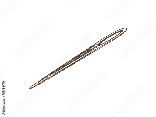 Hand-drawn colored sketch of sewing needle. Handmade, sewing equipment concept in vintage doodle style. Engraving style.