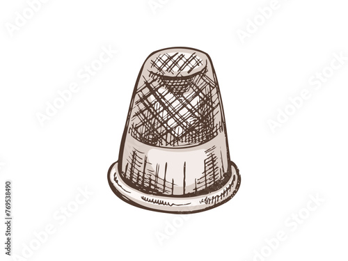 Hand-drawn colored sketch of sewing thimble. Handmade, sewing equipment concept in vintage doodle style. Engraving style.