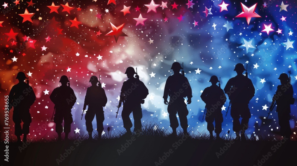The proud march of military silhouettes is illuminated by a starry backdrop, capturing the essence of courage and patriotism on Memorial Day. - obrazy, fototapety, plakaty 