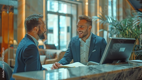 A cheerful young receptionist with a beard is interacting with a kind business guest at the hotel lobby desk. © Sawitree88