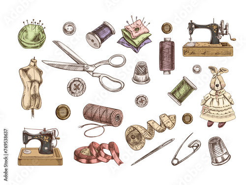 Vintage set of hand-drawn colored sewing icons. Vector illustrations in sketch style. Handmade, sewing equipment concept in vintage style. Engraving style. photo