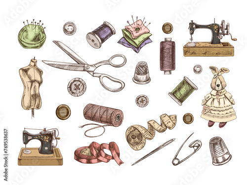 Vintage set of hand-drawn colored sewing icons. Vector illustrations in sketch style. Handmade, sewing equipment concept in vintage style. Engraving style.