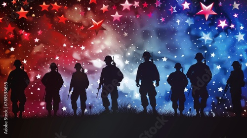 The proud march of military silhouettes is illuminated by a starry backdrop, capturing the essence of courage and patriotism on Memorial Day.