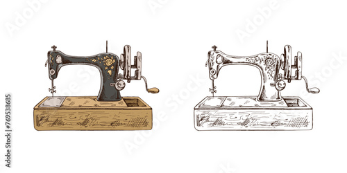 Hand-drawn colored and monochrome  sketches of vintage sewing machines. Handmade, sewing equipment concept in vintage doodle style. Engraving style.