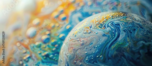 A macro photograph of a soap bubble with water drops, showcasing a vivid electric blue color and intricate patterns, blending art and science in marine biology