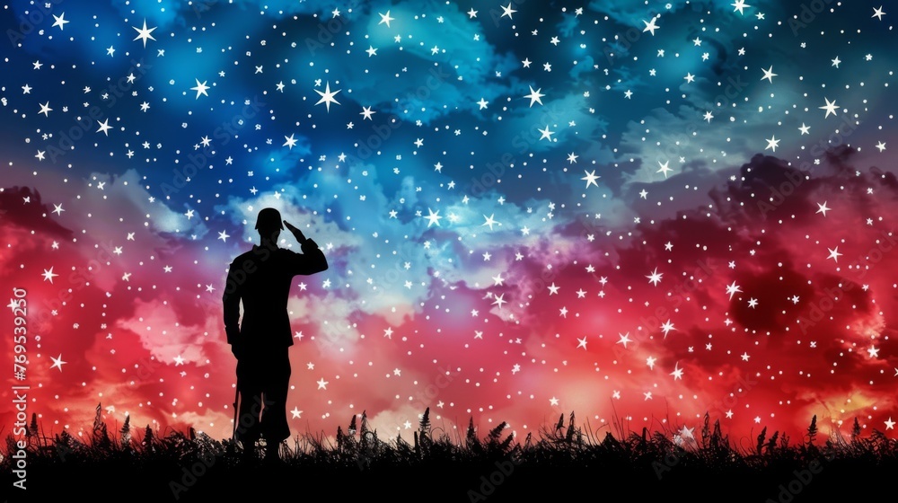 Fototapeta premium A soldier's silhouette saluting under a sky full of stars, representing respect and memory for those who served.