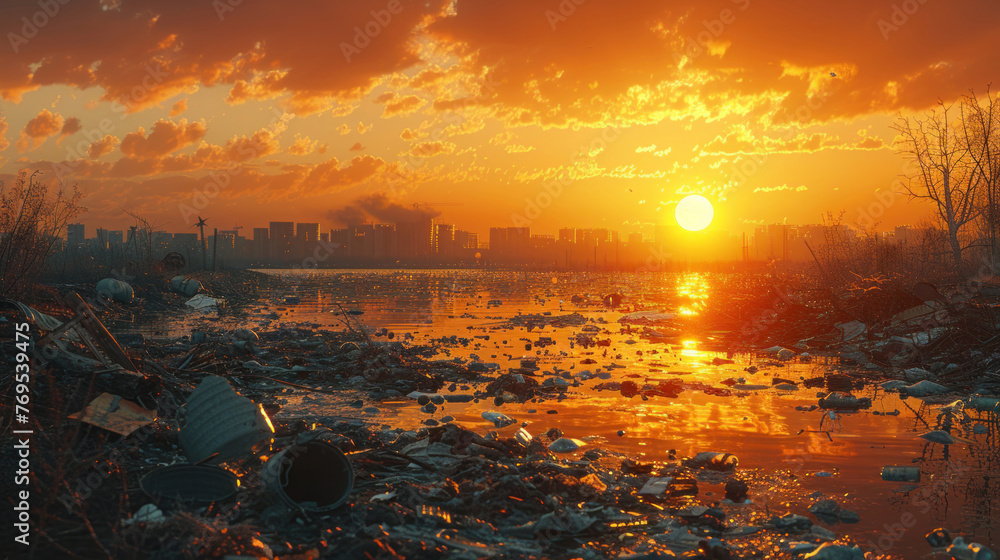 Large garbage pile contrasts with the sunset backdrop, Global warming's effects on ecosystems are depicted.