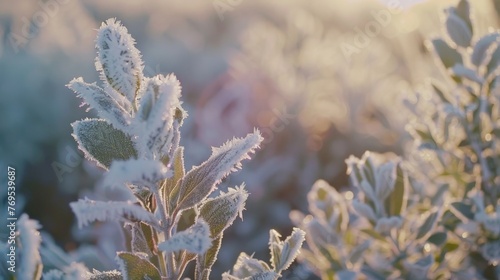 A serene sunrise casting a warm glow on frost-covered sage leaves, showcasing the quiet beauty of a winter herb garden.