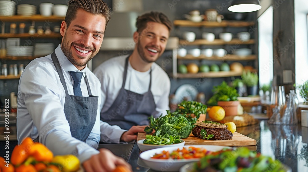Two businessmen in a contemporary kitchen, grinning, cooking meals Two businessmen in a contemporary kitchen, grinning, cooking meals