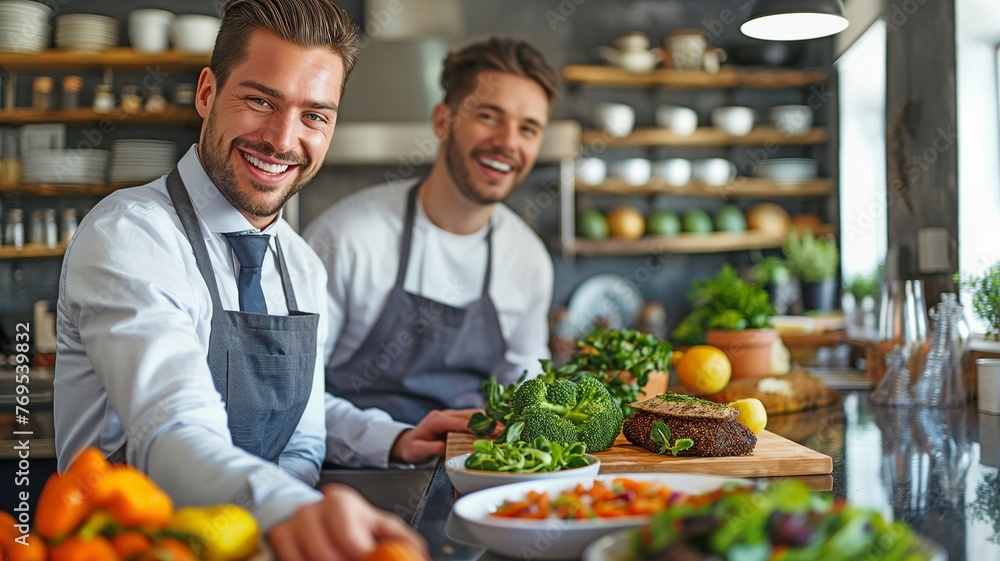 Two businessmen in a contemporary kitchen, grinning, cooking meals