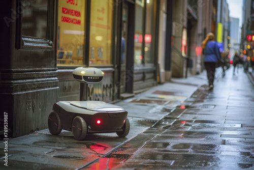 A sleek, futuristic delivery robot smoothly navigates the sidewalk, diligently carrying out its delivery task by transporting a package to its destination. Generative AI.