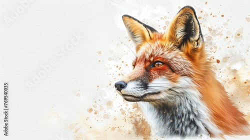 A charming pastel watercolor portrait of a fox hand-drawn on white