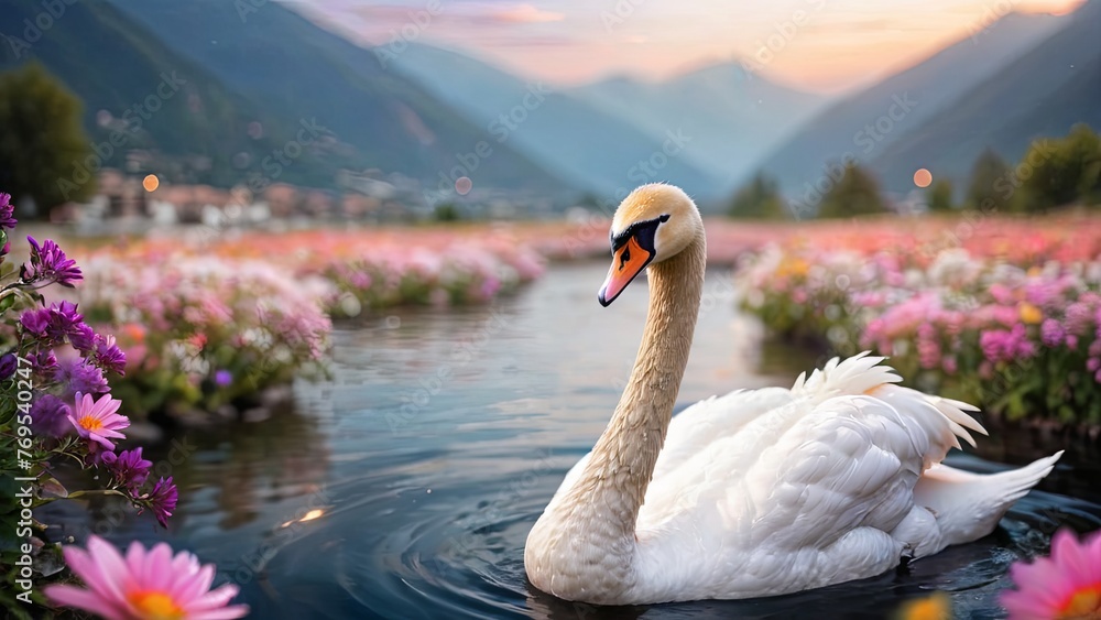 Twilight Serenity: Swan Amidst Blooming Water Lilies - obrazy, fototapety, plakaty 