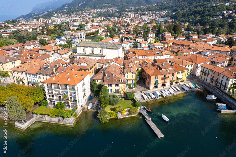Mandello del Lario, Italy - Aerial view of beautiful Italian village on lake Como