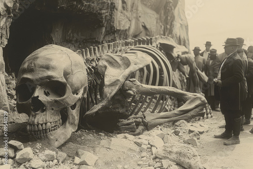 Black and white image, old photo. A giant human skeleton has been discovered at the excavation site, surrounded by a crowd of gathered people. concept of Sasquatch or Snowman. Generative AI.