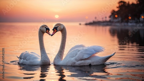 Romantic Sunset  Swans Forming Heart on Calm Waters