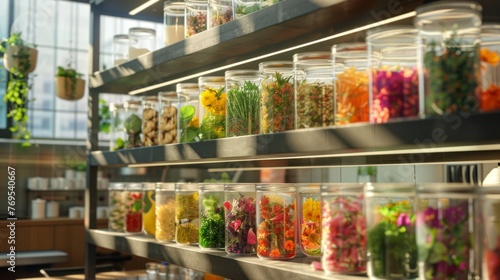 Modern shelves against a large window present an orderly array of herbs and flowers in glass jars, creating a fresh and lively botanical display.
