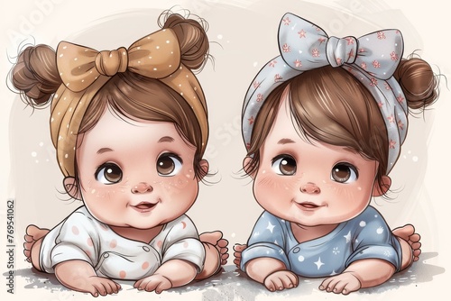 There are two adorable cartoon babies, a boy and a girl