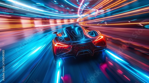 Top view of a car speeding with blue neon light trails extending beyond frame, blue hues and neon lines concept.