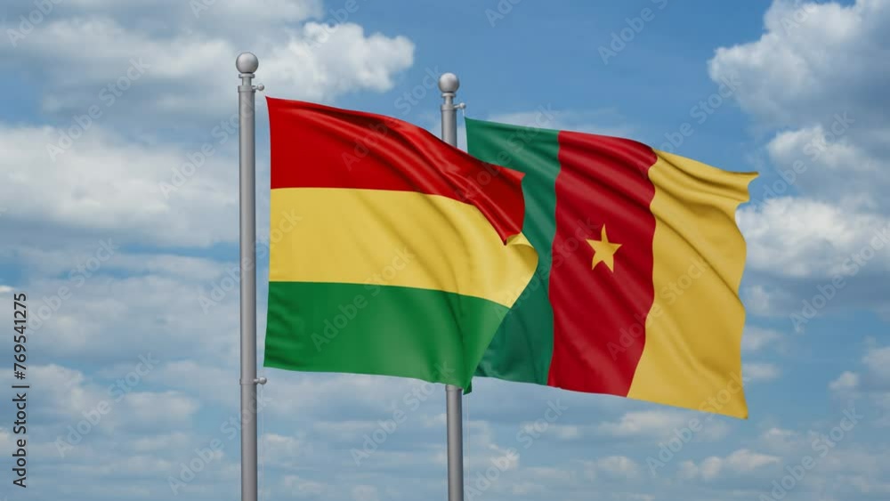Cameroon and Bolivia two flags waving together, looped video, two country relations concept Cameroon and Bolivia two flags waving together, looped video, two country relations concept
