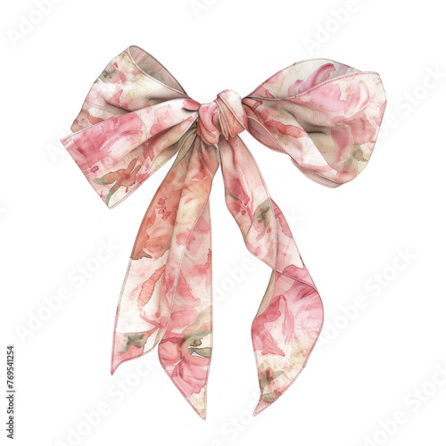 Classic floral ribbon bow in pastel watercolor, Coquette style, with a simple, minimalist twist
