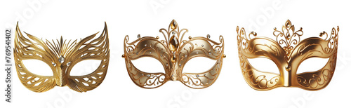 3 golden mask Isolated on transparent PNG background