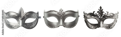3 Silver carnival mask Isolated on transparent PNG background
