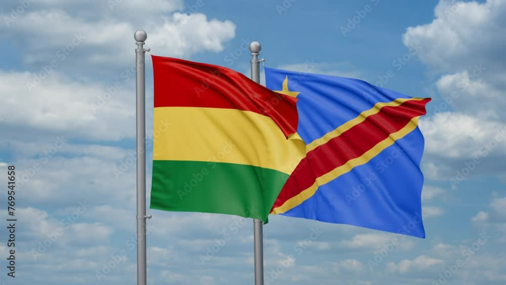 Democratic Republic of the Congo and Bolivia two flags waving together, looped video, two country relations concept Democratic Republic of the Congo and Bolivia two flags waving together, looped video, two country relations concept