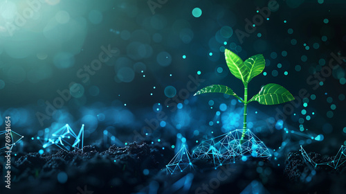 Abstract digital background of large data and mesh grid with low poly plant sprout growing from soil, futuristic technology concept in the style of technology.