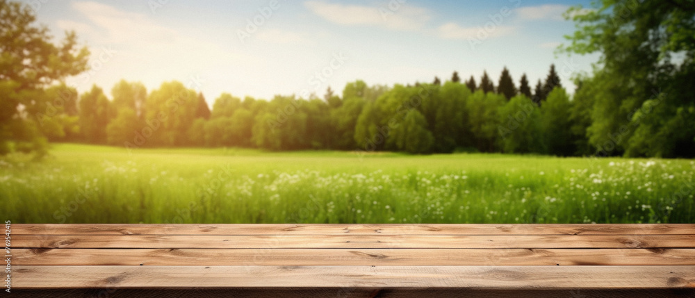 Wooden table spring nature bokeh background, empty wood desk product display mockup with green park sunny blurry abstract garden backdrop landscape ads showcase presentation. Mock up, copy space .