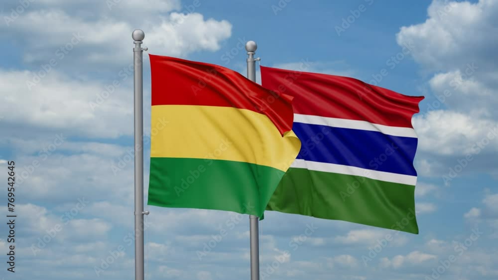 Gambia and Bolivia two flags waving together, looped video, two country relations concept Gambia and Bolivia two flags waving together, looped video, two country relations concept