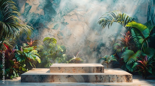 transformed marble podium and wall overtaken by lush, vibrant flora in a tropical nightclub setting. Cinematic, vibrant, and minimalist atmosphere.