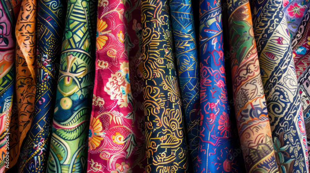 An array of vibrant textiles hanging side by side, displaying a variety of patterns and colors in a close-up view An array of vibrant textiles hanging side by side, displaying a variety of patterns and colors in a close-up view