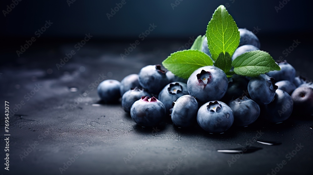 Closeup of ripe blueberries with water drops and leaves on dark table. Summer fruits blueberry background. Food photography. Closeup of ripe blueberries with water drops and leaves on dark table. Summer fruits blueberry background. Food photography.