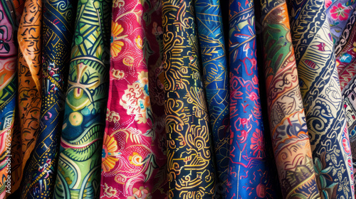 An array of vibrant textiles hanging side by side, displaying a variety of patterns and colors in a close-up view