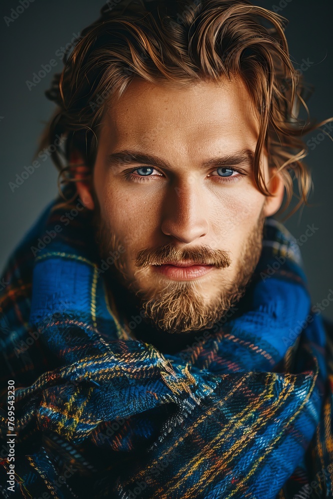 Fototapeta premium a quarter length portrait of a handsome Scotsman with intense eyes, wearing traditional classic Scottish clothing, plaid, tartan in blue and black patterns --ar 