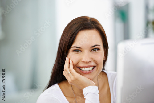 Free Download Graphic designer, portrait and computer in office with smile, visual content and ideas for company, agency and clients. Businesswoman, happy and tech in workplace for career, business and job - GFXLoad