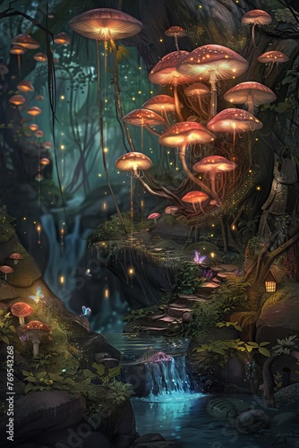 A whimsical digital painting of an enchanted forest with glowing mushrooms and fairies  creating a magical atmosphere. The background is dark to highlight the vibrant colors in the scene. In the cente
