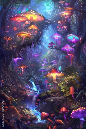 A whimsical digital painting of an enchanted forest with glowing mushrooms and fairies  creating a magical atmosphere. The background is dark to highlight the vibrant colors in the scene. In the cent