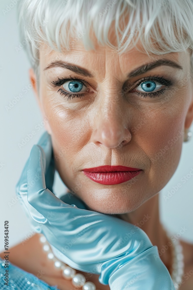 An extreme closeup of 35-year old attractive Dutch woman with blue eyes and short cropped white hair photographed against a plain white background, she is wearing a light blue evening dres An extreme closeup of 35-year old attractive Dutch woman with blue eyes and short cropped white hair photographed against a plain white background, she is wearing a light blue evening dres