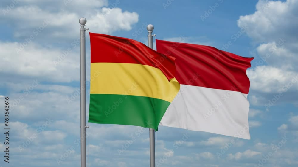 Indonesia and Bolivia two flags waving together, looped video, two country relations concept Indonesia and Bolivia two flags waving together, looped video, two country relations concept