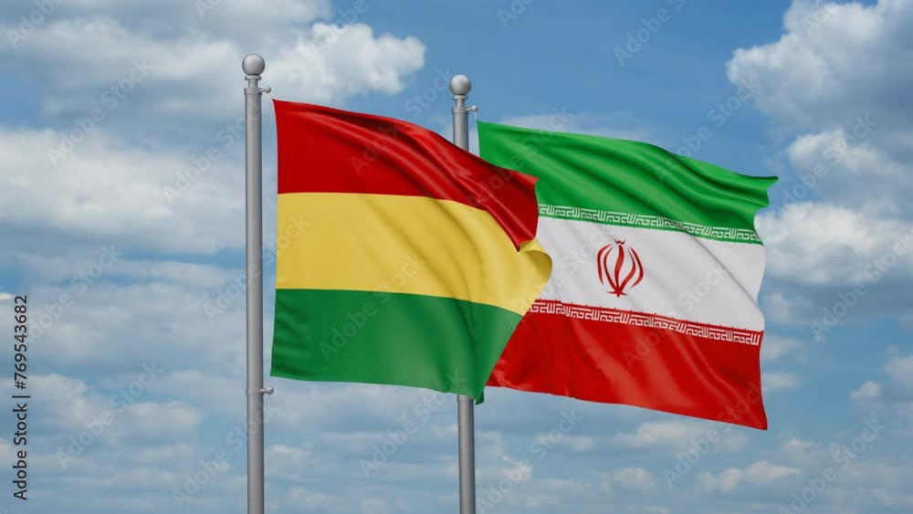 Iran and Bolivia two flags waving together on blue sky, looped video Iran and Bolivia two flags waving together on blue sky, looped video